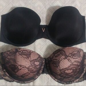 Victorias Secret Strapless Padded Black Lace Underwire Bra 36D